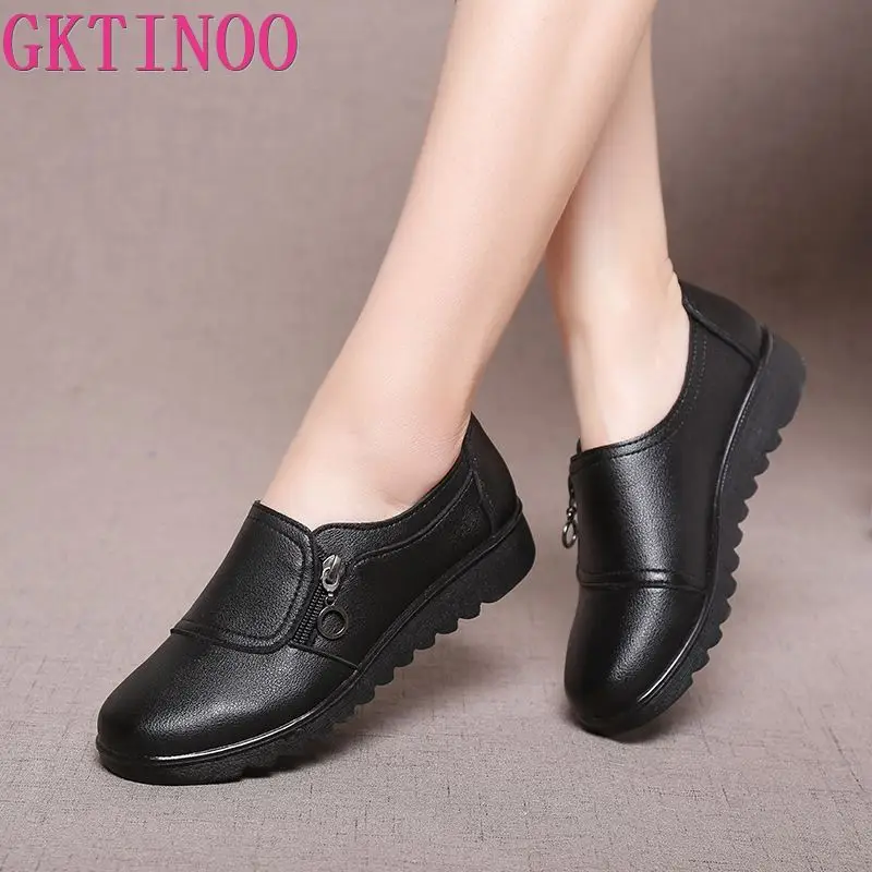 GKTINOO New Autumn Women\'s Shoes Fashion Casual Women Leather Flat Shoes Ladies Slip On Comfortable Black Work shoes Flats