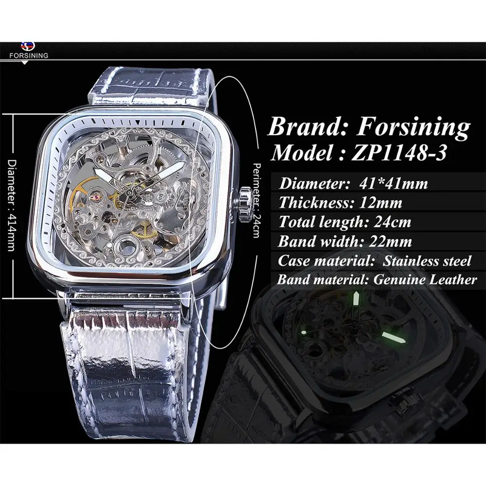 Forsining White Silver Flower Transparent Gear Movement Mens Automatic Skeleton Wrist Watches Top Brand Luxury Mechanical Clock