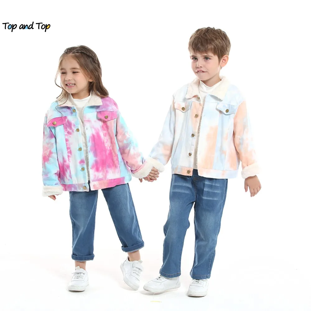 

top and top Winter Children Denim Tie-dyed Coat Thicken Plush Fleece Jackets for Boys Girls Warm Tops For Kids Clothing Outwear