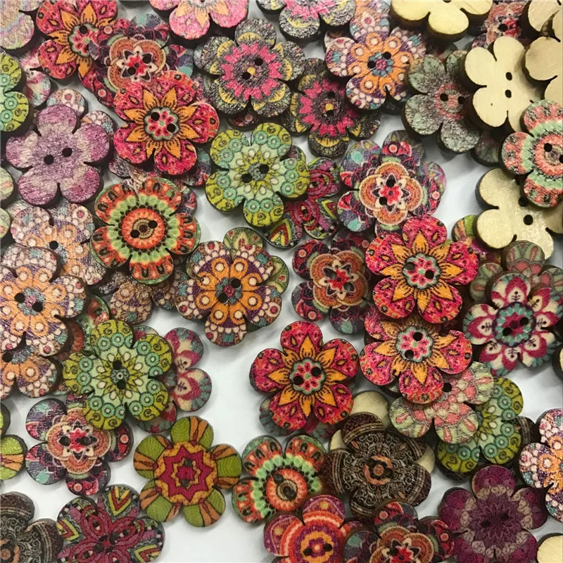 50pcs Flower Natural Buttons Vintage Retro Round Wood Buttons for Craft/sewing DIY Home Textile