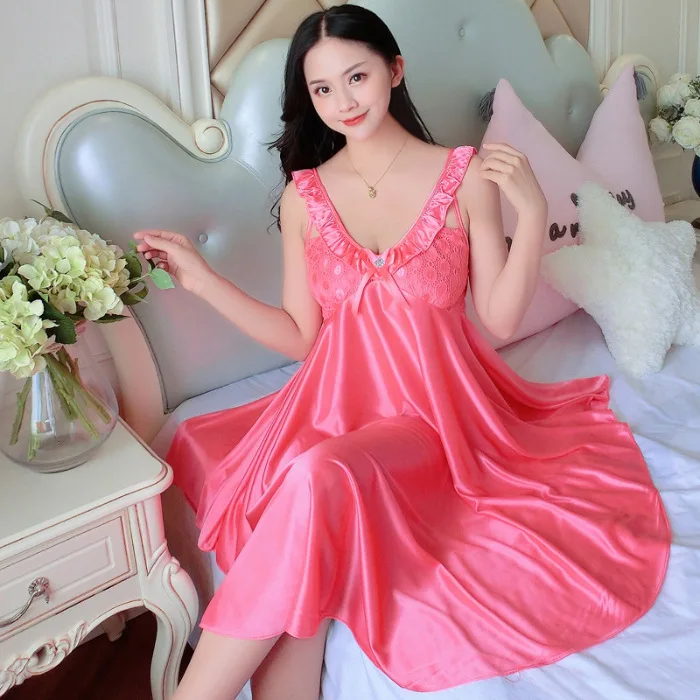 Women Silk Satin Plus Size Sleepwear Sexy Nightdress Baby Doll Nightgown Lingerie Underwear Backless Lace Sexy Chemises Peignoir