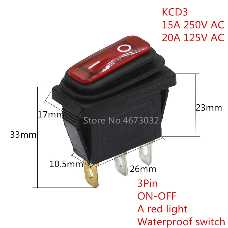 1pcs KCD3 New On Off Rectangle Long Rocker Switch with Waterproof IP67 Cover Car Dash 3PIN
