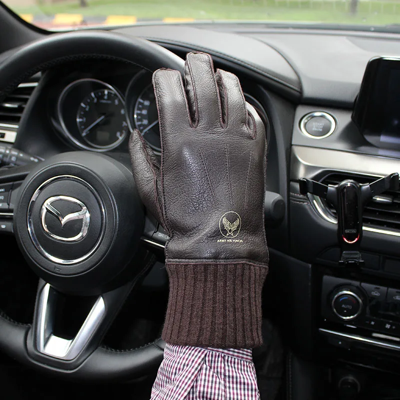 Guantes de piel de ciervo con pantalla táctil para hombre, manguitos de lana con forro roscado, cálidos para invierno, conducción de coche