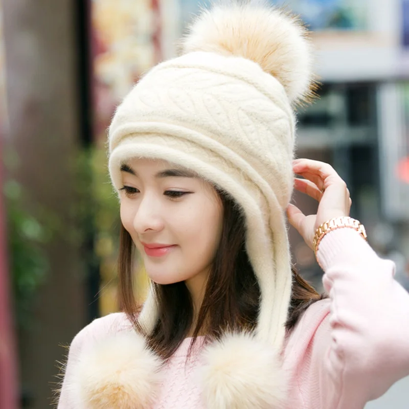 

H7702 Women Rabbit Hair Bomber Hat Warm Knitted Cap Winter Autumn Outdoor Sweet Ears Protection Thickened Fashion Korean Hats