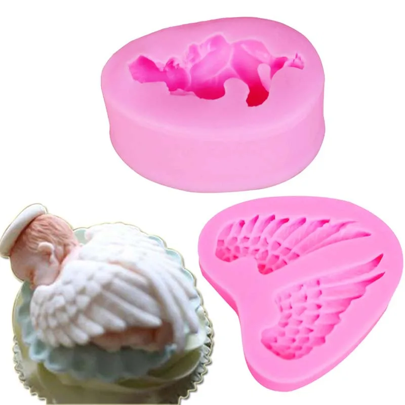 Byjunyeor M-C077 2PCS Sleeping Baby And Angel Wing UV Resin Silicone Mold Fondant Chocolate Candy Lollipop Crystal Epoxy Clay