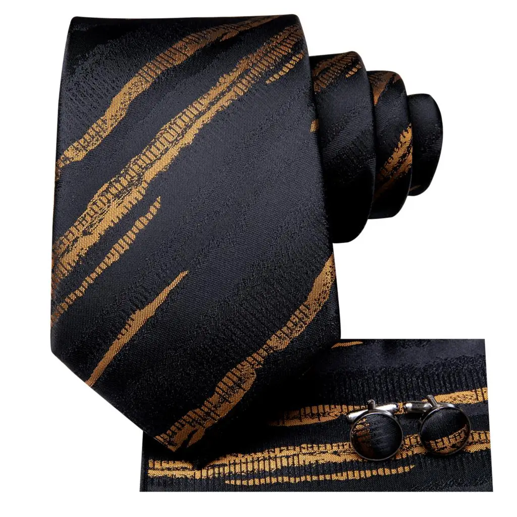 Hi-Tie Black Gold Striped Silk Wedding Tie For Men Handky Cufflink Mens Necktie Set Fashion Designer Business Party Dropshipping