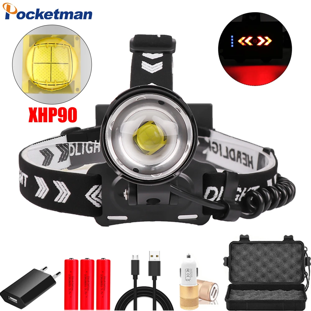 Super Powerful XHP90 LED Headlamp USB Rechargeable Headlight with Warning Red Light Waterproof Head Light Use 18650 Battery