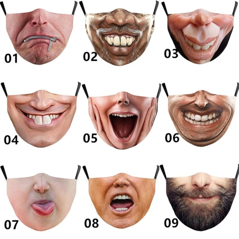 New Adults Mouth Masks Comical Printed Cotton Blend Facial Expressions Fashion Face Shield Masque Facial Masks Halloween Supply