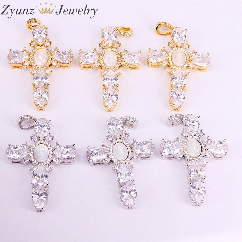 5PCS, Clear CZ Gold / Silver Color Cross Pendant Necklaces Jesus Shell Pendant Necklace For Women and Men Jewelry