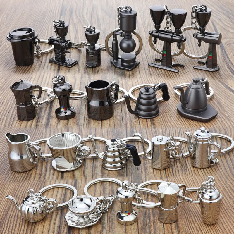 Metal Simulation Barista Key Holder Coffee Cup Cafe Machine Handle Moka Pitcher Keyring Backpack Pendant Coffeeware Keychain