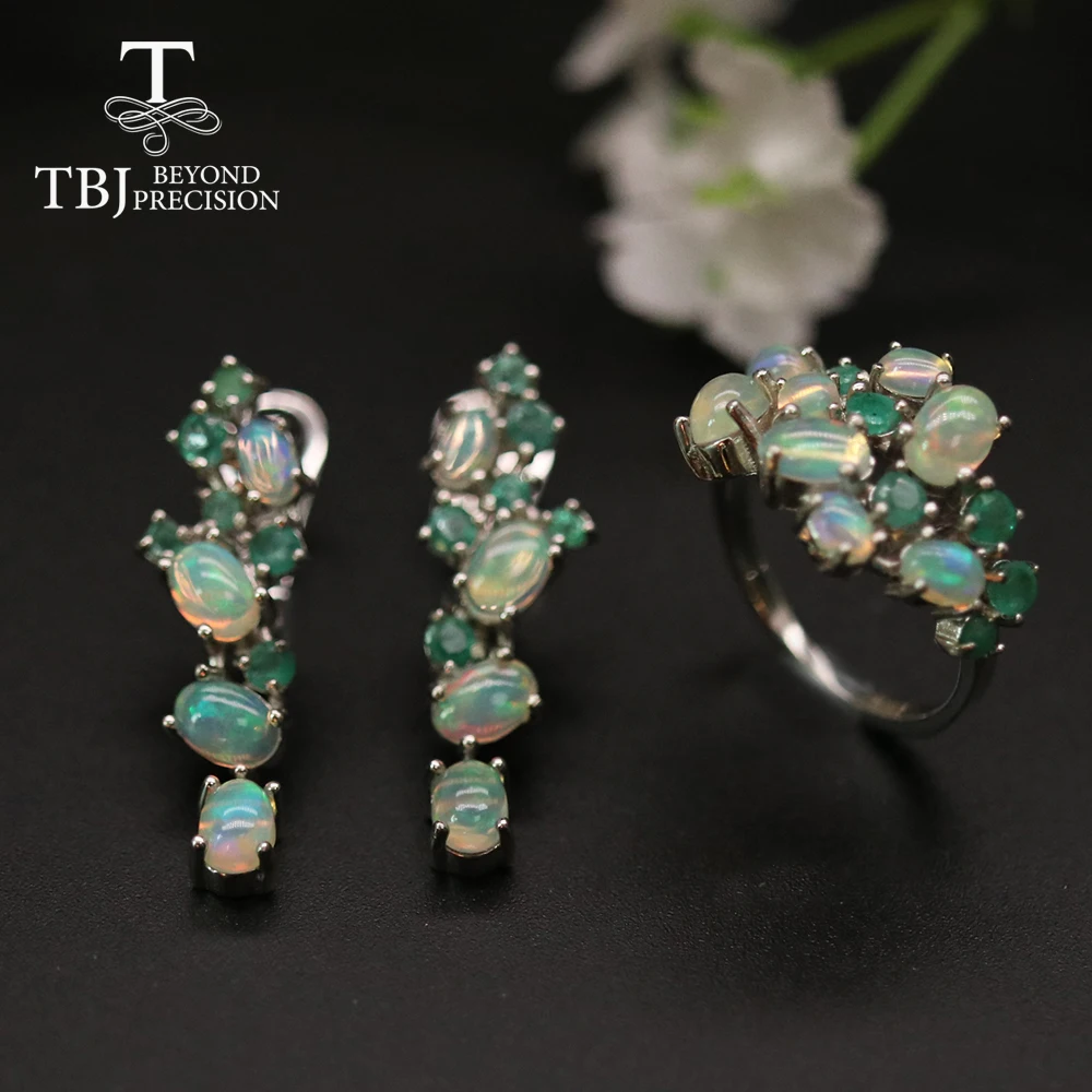 

Tbj, New design fancy opal emerald jewelry set natural gemstone 925 sterling silver ring clasp earring women nice gift