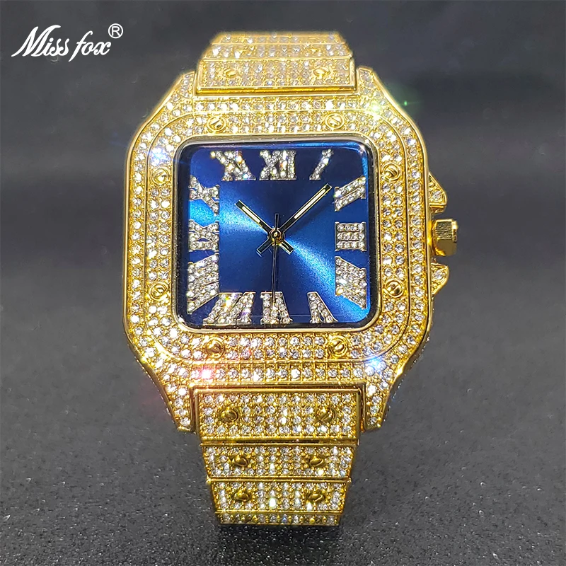 MISSFOX Gold Uhr Männer Mode Luxus Design Royal Blau Zifferblatt Paar Platz Uhren Hip Hop Hohe Qualität Uhren Dropshipping