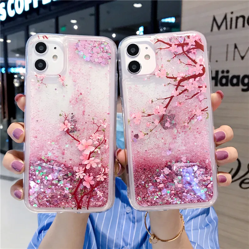 Pink Spring Cherry Blossoms For iPhone 14 15 Pro Max 13 12 Mini 11 XS XR SE 2022 6S 7 8 Plus Case Glitter Shiny Quicksand Cover