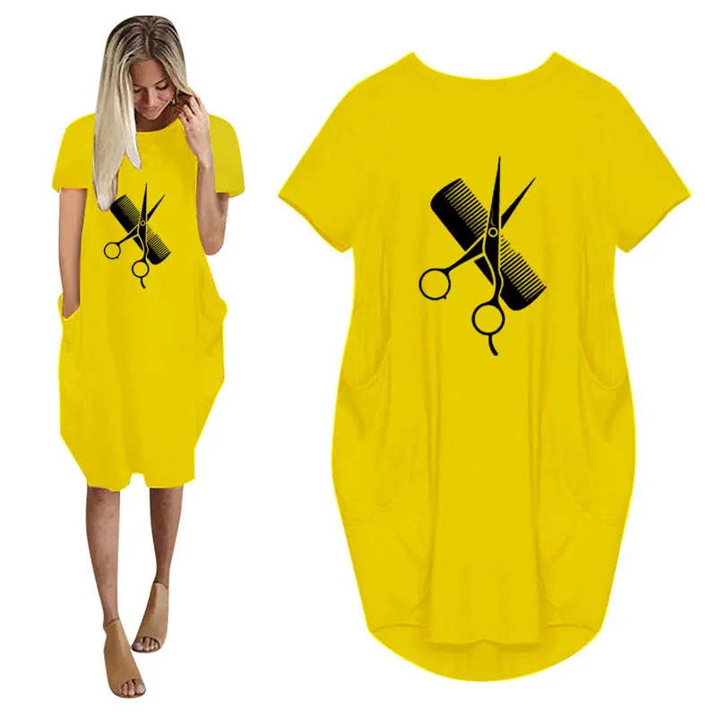 New Hairdresser Stylist Scissors Comb Print Women Casual Loose Dress With Pocket Ladies O Neck Long Tops Female T Shirt Dress