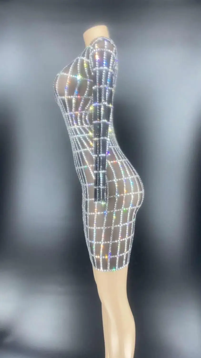 جديد سباركلي الراين فستان شبكي شفاف المرأة عيد ميلاد احتفال حفلة الزي بار المغني طويلة الأكمام الرقص فساتين قصيرة