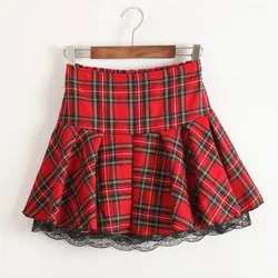 S-XXXL High Quality Preppy Style Women Uniform Skirt Red Plaid Lace Hem With Lining Elastic Waist Student Girl Bottoms