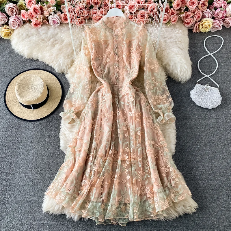

Spring Dresses Women Embroidery Vintage High Waist Lace Party Runway Midi Dress 2022 A-Line Long Sleeve Luxury Elegant Autumn