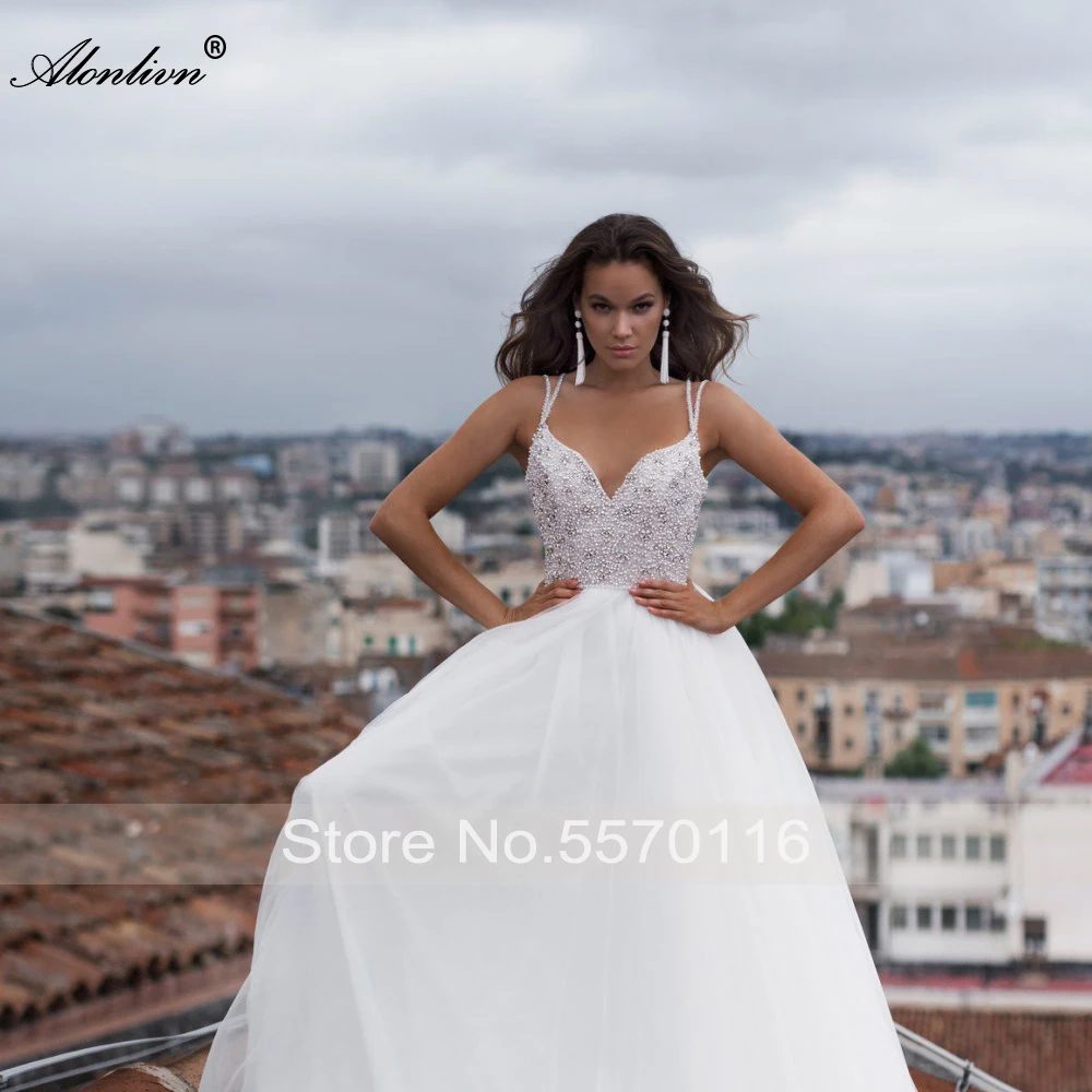 Alonlivn Chic Tulle Backless Strand Trouwjurk Spaghettibandjes Kralen Kristallen Parels Bruidsjurken