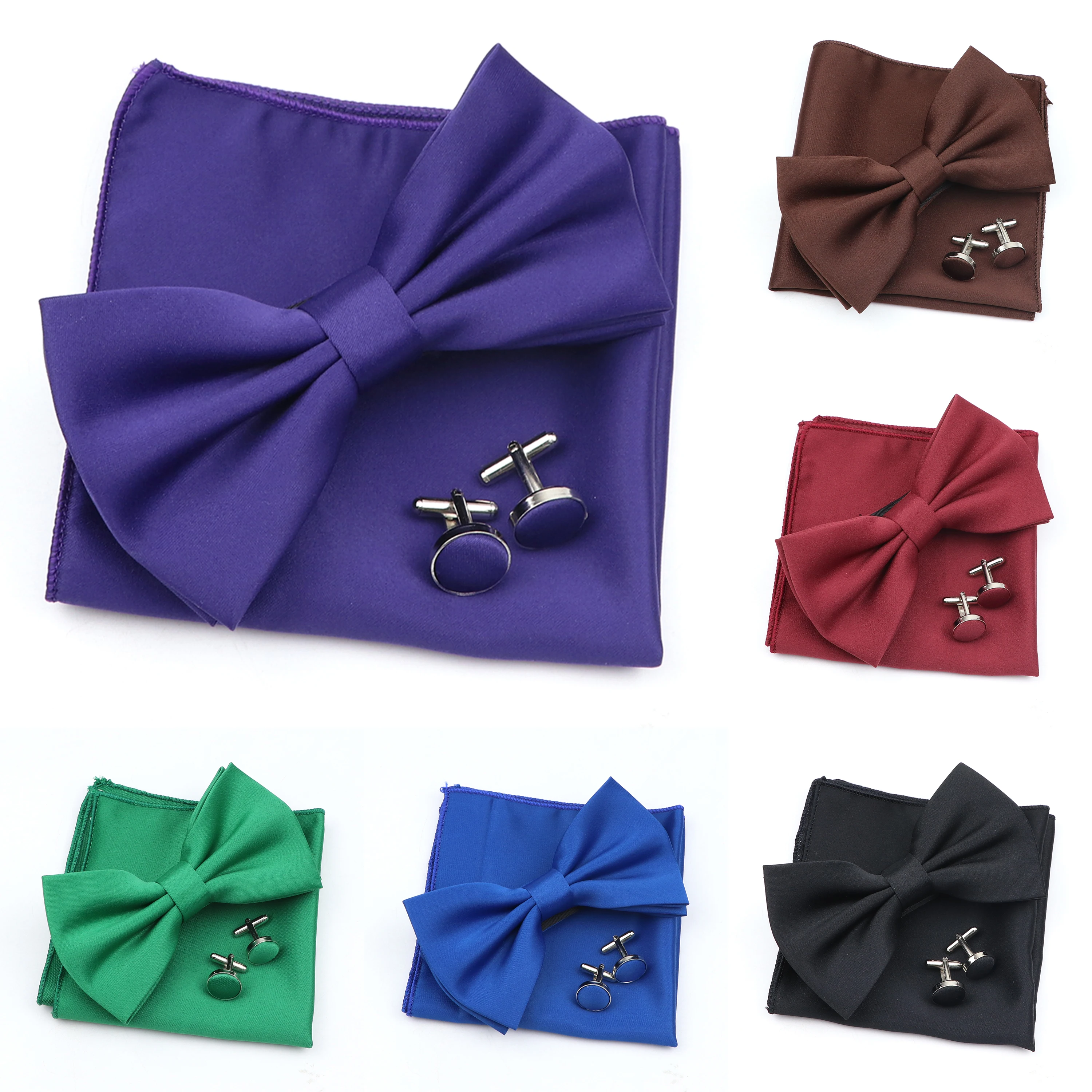 

New Light Solid Color Mens Bowtie Handkerchief Cufflinks Set Polyester Casual Butterfly Cravat Wedding Party Dinner Accessories