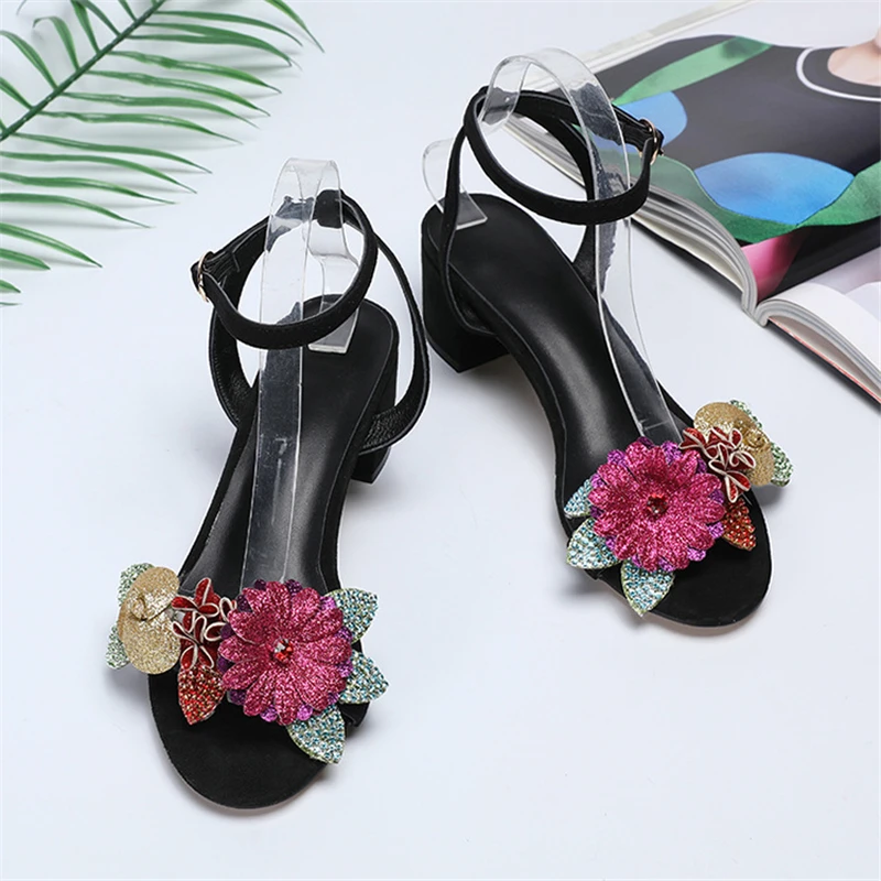 Crystal Sequins Flower Gladiator Sandals Women Black Suede Hoof Heel Ankle Strap Rhinestone Summer Sandalias Mujer