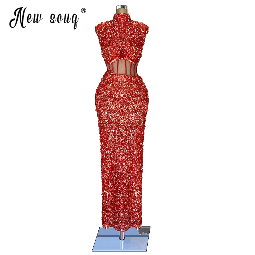 Vestido largo africano De lentejuelas brillantes para mujer, ropa de fiesta roja, De noche, personalizada, con cuentas de cristal, 2021