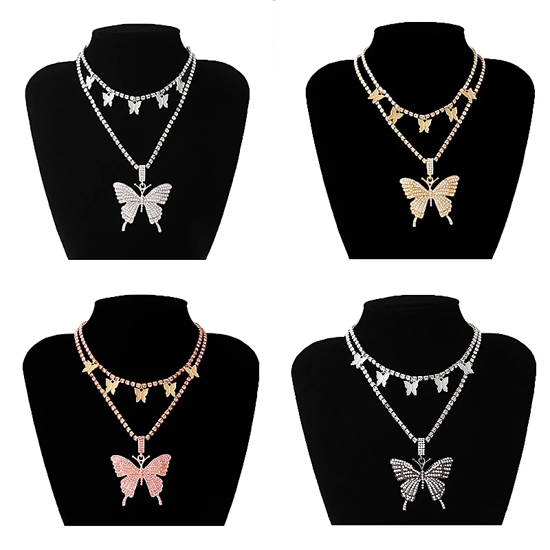 Iced Out Cuban Link Chain Butterfly Choker Necklace 2 Layered Bling Tennis Chain Crystal Necklaces for Women Jewelry Gift