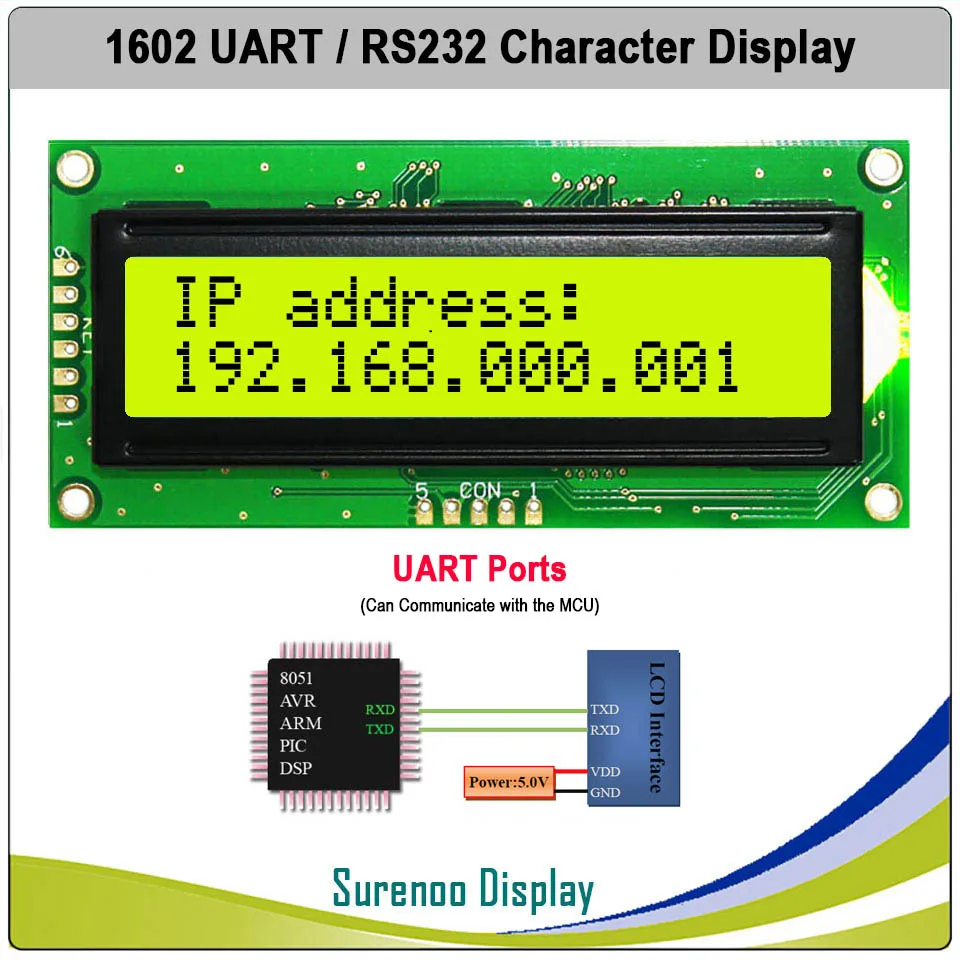 CMOS UART RS232 Serial 1602 162 16*2 Character LCD Module Display Screen LCM for Arduino, Support Keyboard Blue Yellow Green