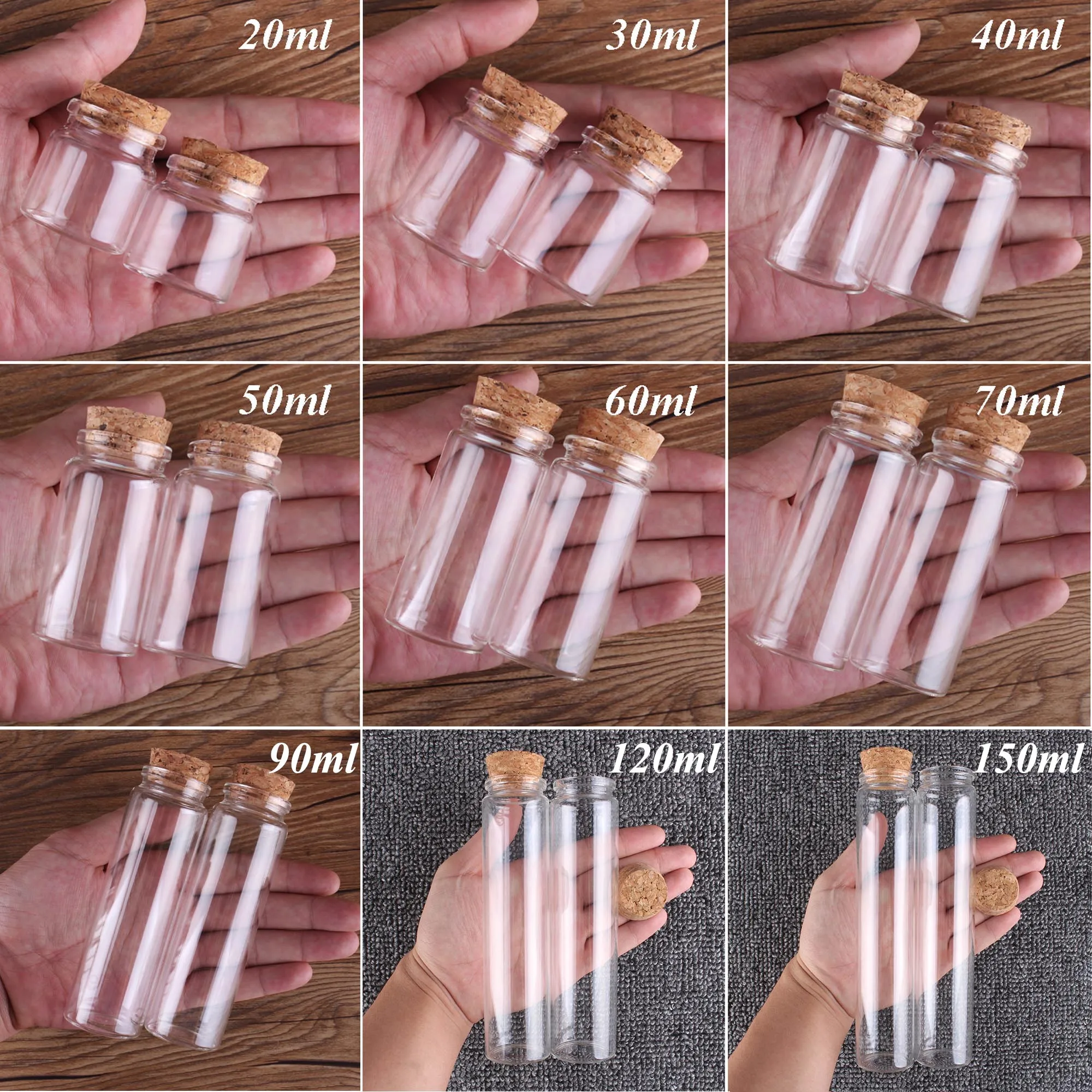 6 Pieces 20ml 30ml 40ml 50ml 60ml 70ml 90ml 120ml 150ml Glass Bottles with Cork Stopper Spice Jars Vials Crafts 7 Sizes U-pick