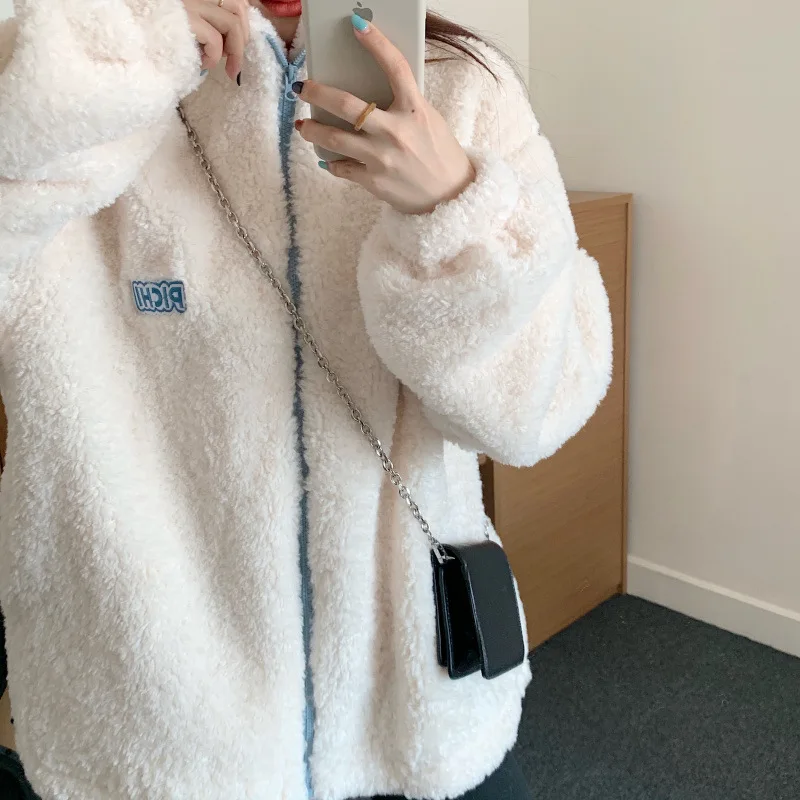 Women Hoodies Plus Velvet Zip-up Letter Long Sleeve Lambswool Oversize Soft Fashion Casual Korean Style Warm Fluffy Teddy Tops