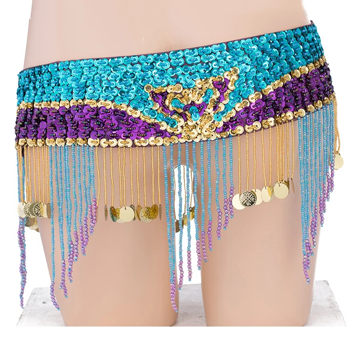 Professional Belly Dance Waist Belt Adjustable Fit Colored Beads Sequins Belt for Belly Dance