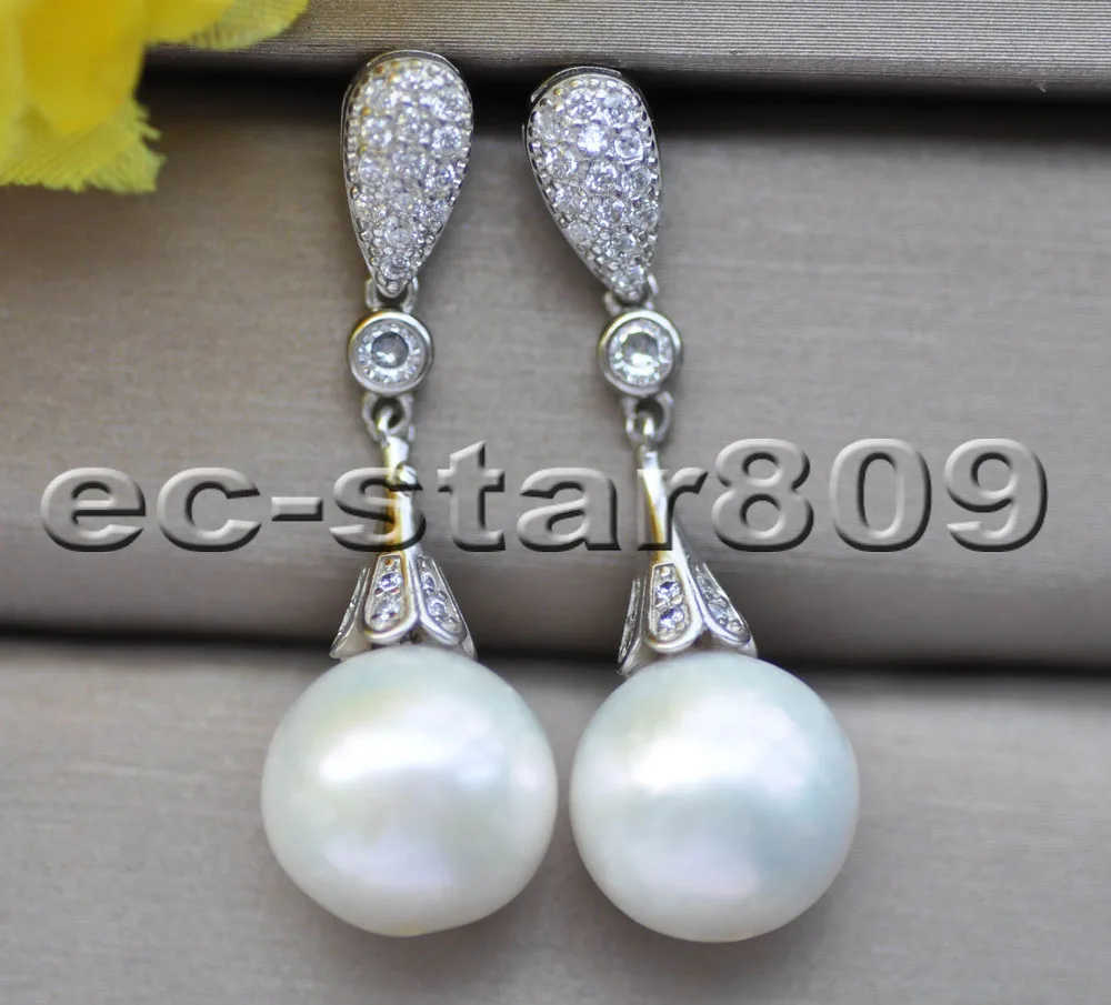 

MTC·STAR Z10140 13mm White Round Keshi Edison Pearl Dangle Earring CZ