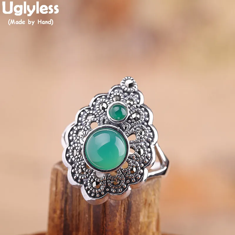 Uglyless Vintage Ethnic Thai Silver Hollow Floral Rings Women Exotic Chalcedony Garnet Open Rings 925 Silver Dress Jewelry R855