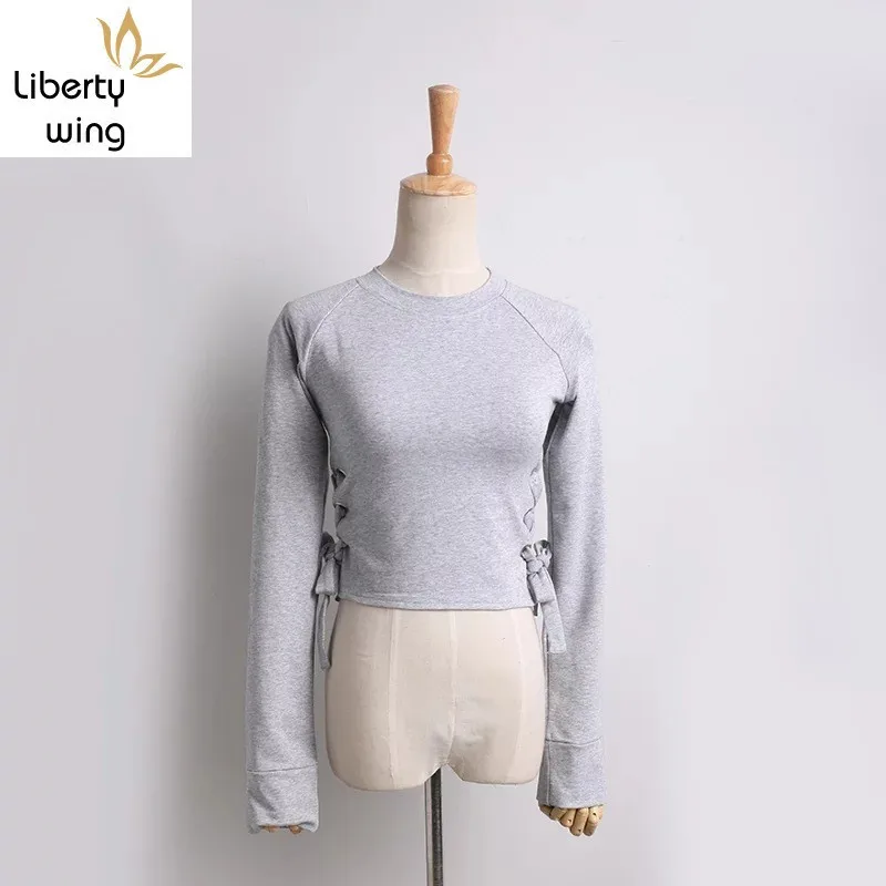 

Women Sexy Slim Fit Cropped Top Harajuku Lace Up Sweatshirt Female Long Sleeve O Neck Short Pullovers Kpop Moletom Feminino