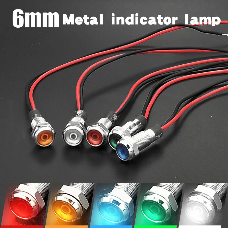 Luz indicadora de Metal LED de cabeza plana, lámpara de señal impermeable, 3V, 5V, 6V, 12V, 24V, 220v, con cable rojo, amarillo, azul, verde, blanco, 6mm, 1 ud.