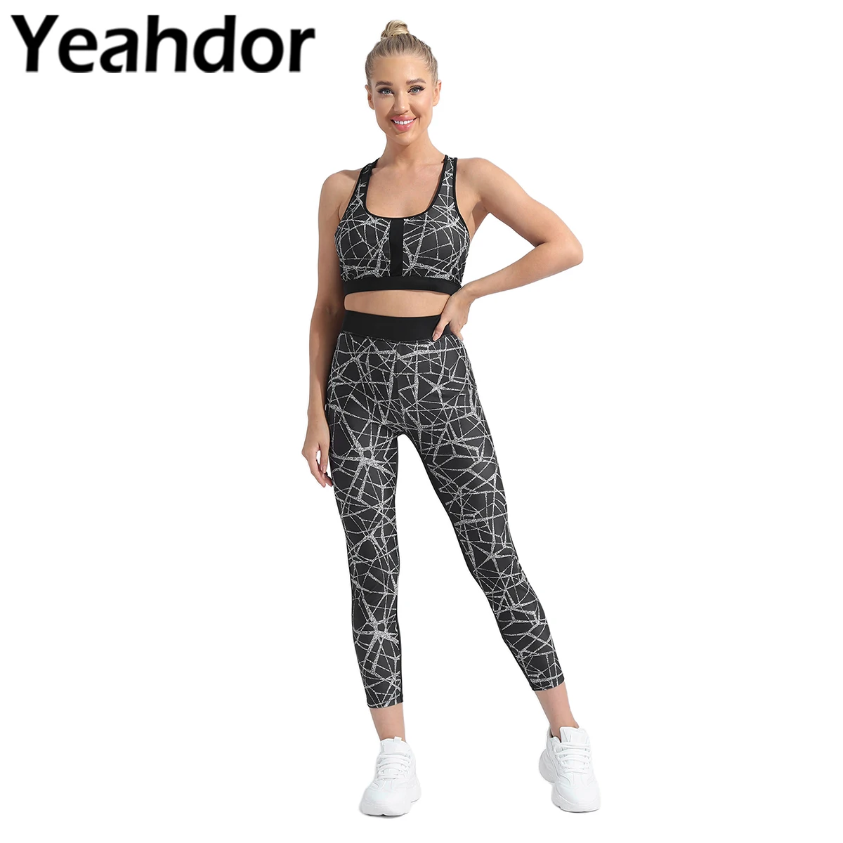 Seamless Sportwear for Women Summer Clothing Sport Outfit Workout Tracksuit Racer Back Printed Crop Top with Leggings Set