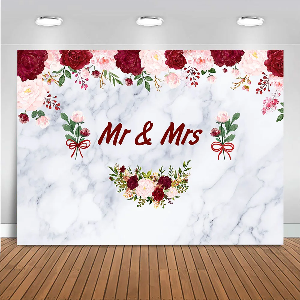 Mocsicka Mr&Mrs Marble Wedding Backdrop for Photography Rose Flower Custom Bride and Groom Wedding Birthday Background Decoratio