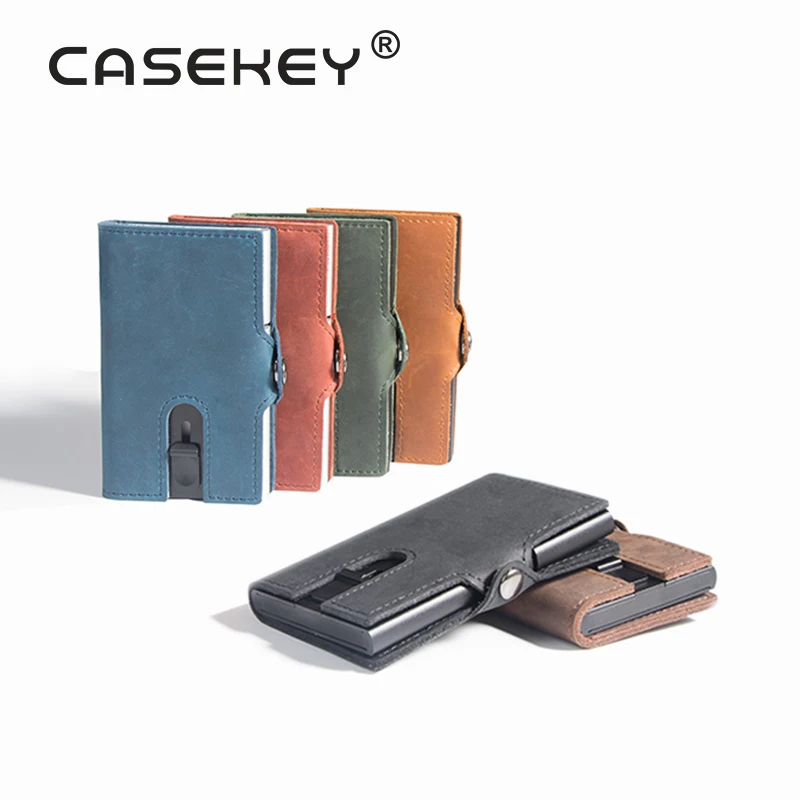 Extra Thin Men Zipper Card Holder Wallet 100% Genuine Leather Credit Rfid Blocking ID Card Case Metal Pop Up Wallet