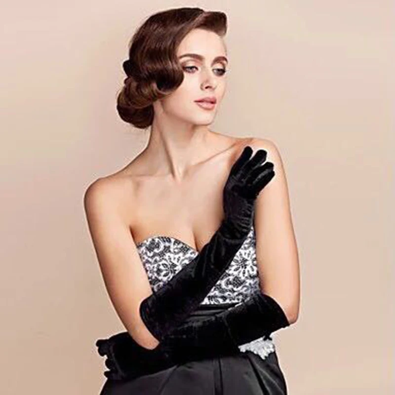 LZL Home Wedding Accessories Black  Long gloves with fingers Vintage Satin Black Evening Prom Dress Bridal Gloves