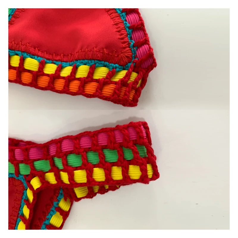 Women Boho Sexy Swimwear with Elastic Handmade Red Crochet Beachweaar 2 Pieces Bikini Set Poolside Wear Vacation Outfits