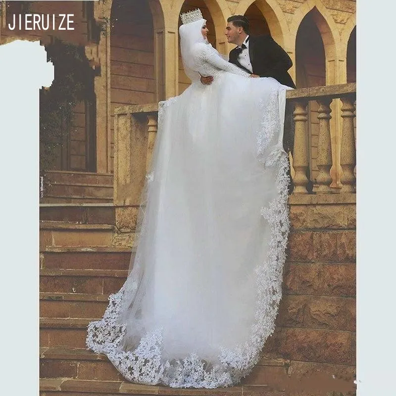 JIERUIZE Modest Muslim Wedding Dresses With Long Sleeves High Neck Lace Up Back Beaded Arabic Bridal Dresses vestido de noiva