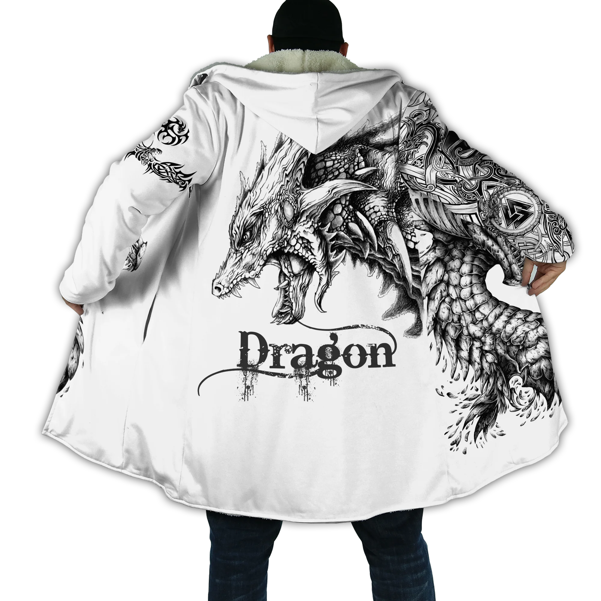 2021 Winter Mens Cloak skull and Dragon Armor Tattoo 3D Print Fleece Hooded cloak Unisex Casual Thick Warm cloak coat PF30