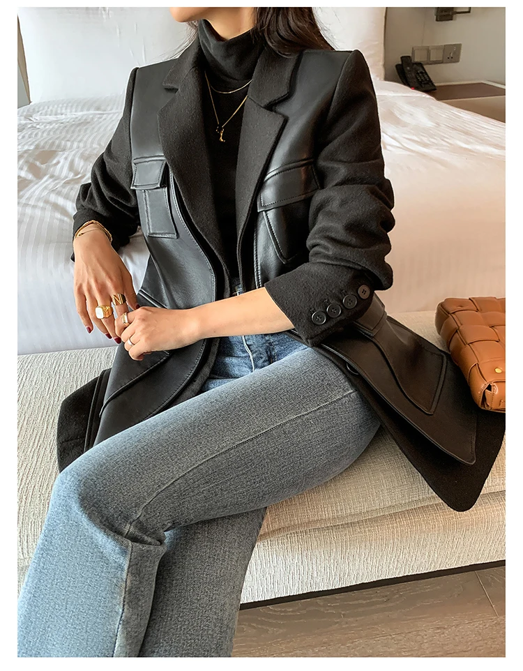 Nerazzurri Autumn Black Wool Blends Patchwork Leather Jacket Women with Many Pockets Long Sleeve Korean Fashion Streetwear 2022