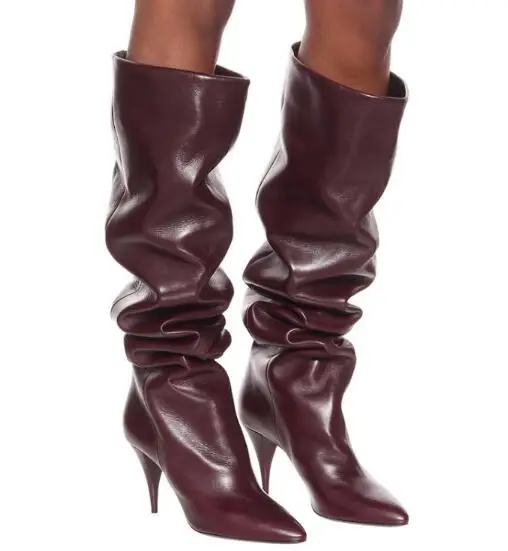 New Woman Black Burgundy Cow Suede Spike Heels Thigh Boots Female Pointed Toe Sexy Pleated Slip On Tube Over The Knee Long Boots