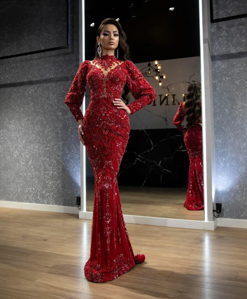 Shiny Red Evening Dress For Wedding 2021 vestidos de fiesta de noche Beads Evening Dresses Formal Gown Tulle Removable Train