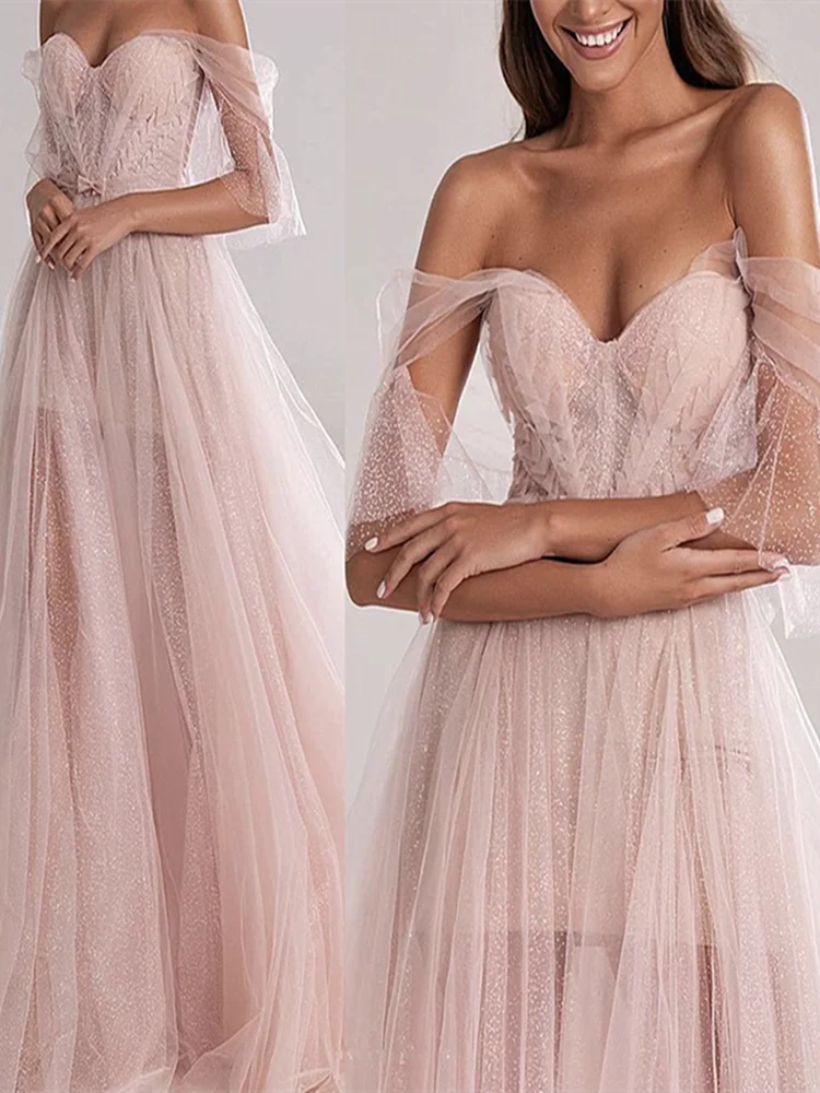 Wholesale Sexy Tulle Robe Off Shoulder Sweetheart Fairy Ball Gown Peach Women Evening Gown Dress