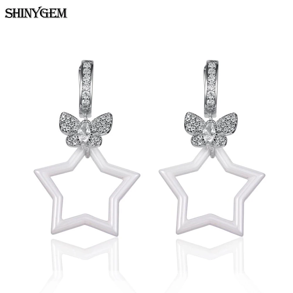 

Fashion Pink Pottery Jewellery Delicate Lovely Butterfly Gold Plated Micro Inlay Zircon Crystal Ceramics Drop Earrings For Women