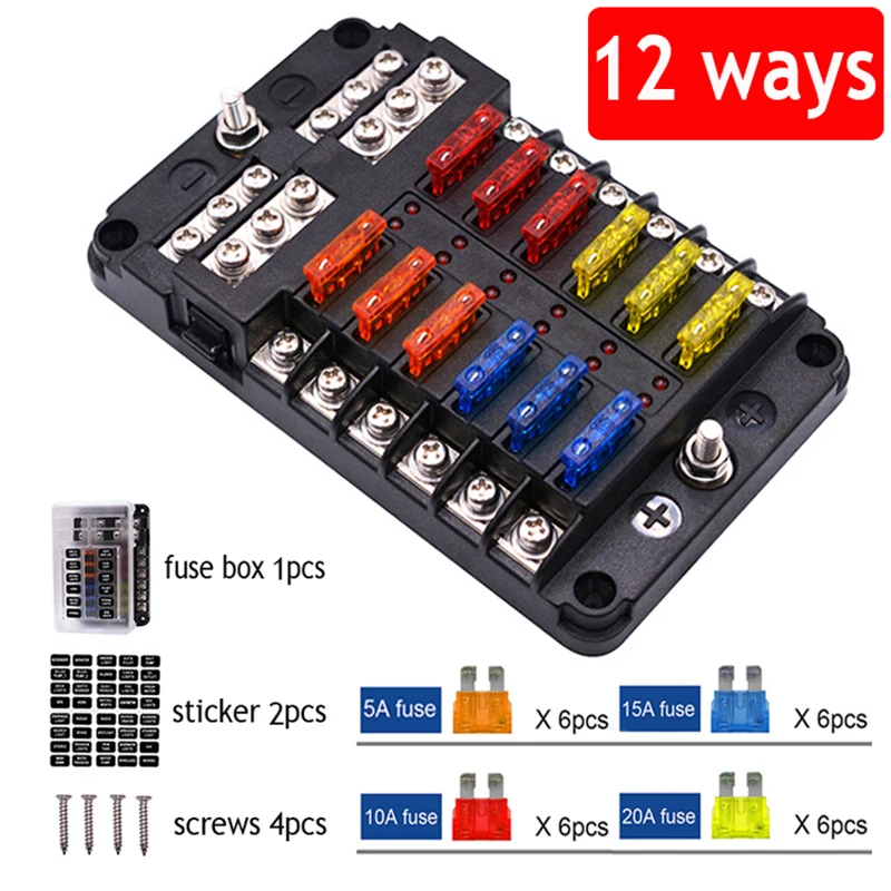 Car Boat Fuse Box Holder with 12 Way Blade Block & Warning Indicator 12V~24V Power Distribution Panel Board