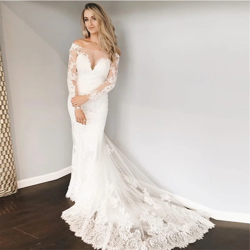 Vestidos de novia de manga larga con hombros descubiertos, estilo sirena, Vintage, apliques de encaje, blanco, marfil