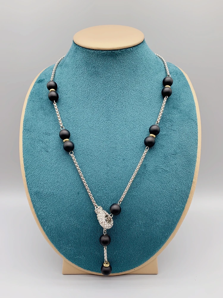 

10mm Matte Black Onyx Box Chain Necklace Magnetic Clasp Gold and Silver Color Combination Adjustable Lengths 18 Inch to 22 Inch