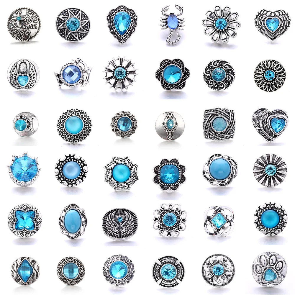 New 5Pcs/Lot Snap Button Jewelry 40 Style Light blue Crystal Rhinestone Snap Buttons Fit 18mm Snap Bracelet Necklace for Women